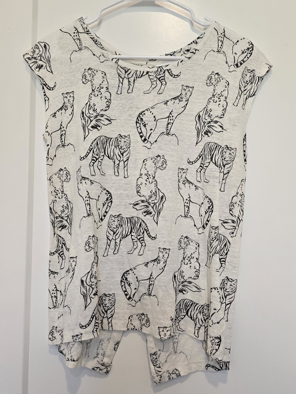Cynthia Rowley 100% Linen Graphic Animal Print Cap Sleeve Top Tiger Jaguar